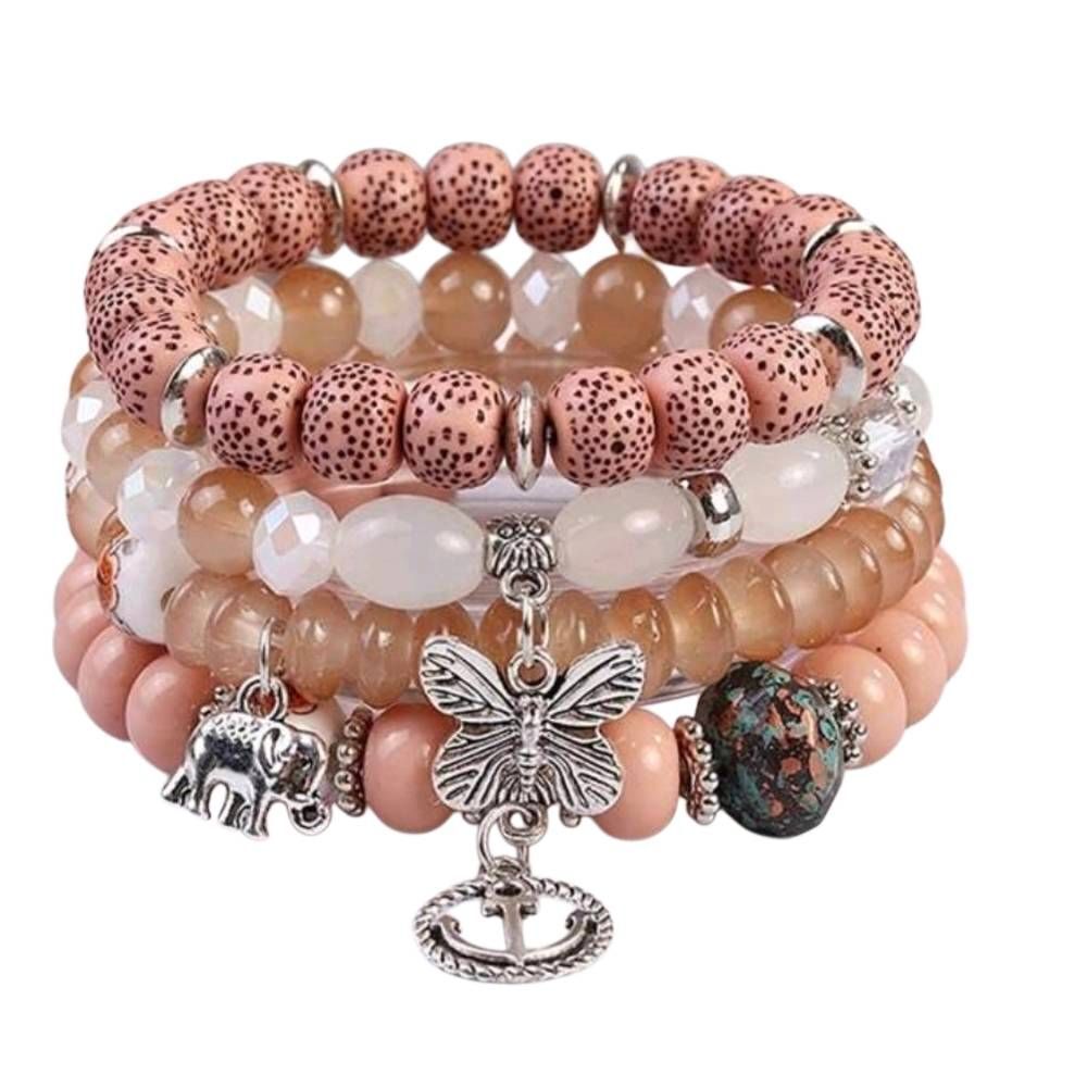 Fashion Jewelry Peach and Cream Beaded Bracelet Set with Butterfly Charm - 4pcs